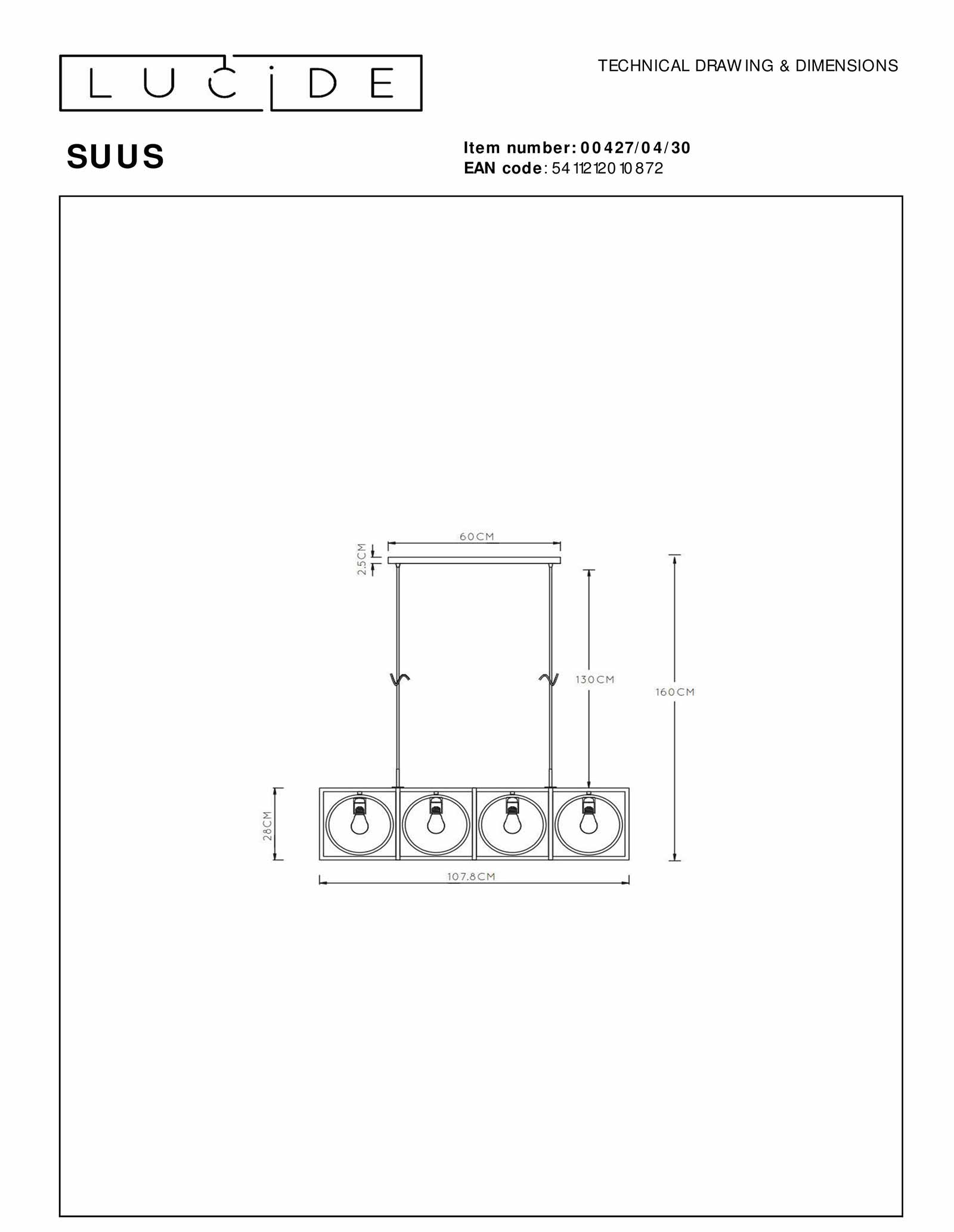 Lucide Suus Lampe a suspension 4xE27 Noir 00427 04 30 technical drawing
