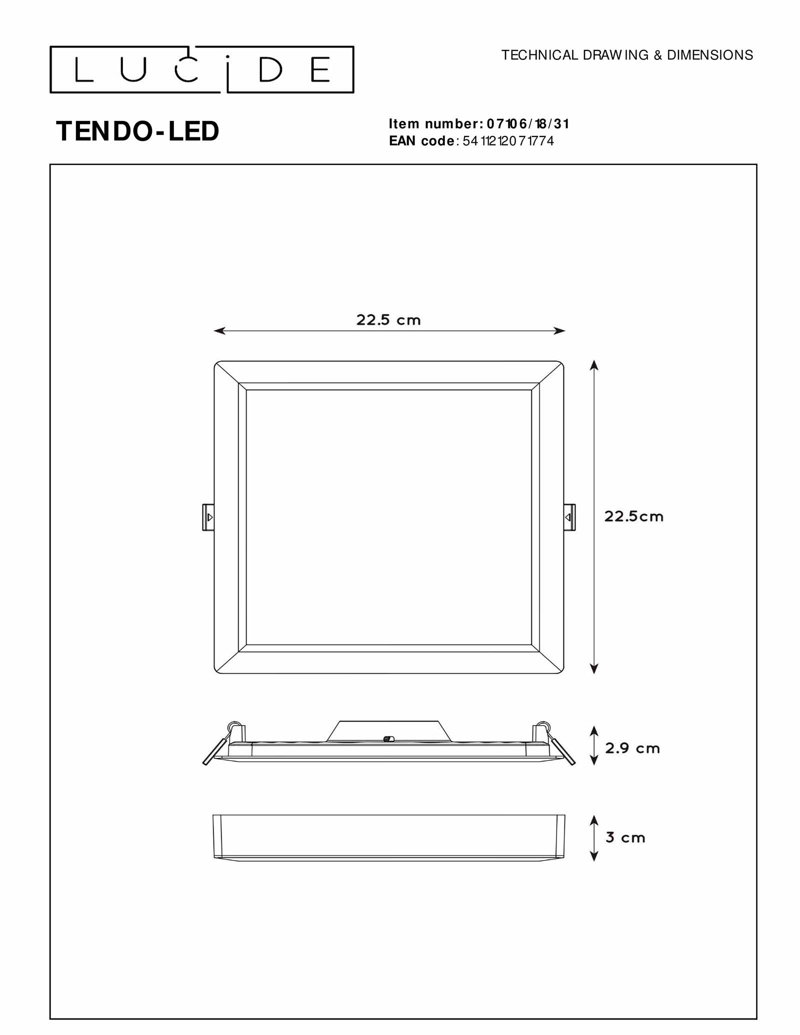 Lucide Tendo LED Suspension luminaire LED 1x18W 3000K Blanc 07106 18 31 technical drawing